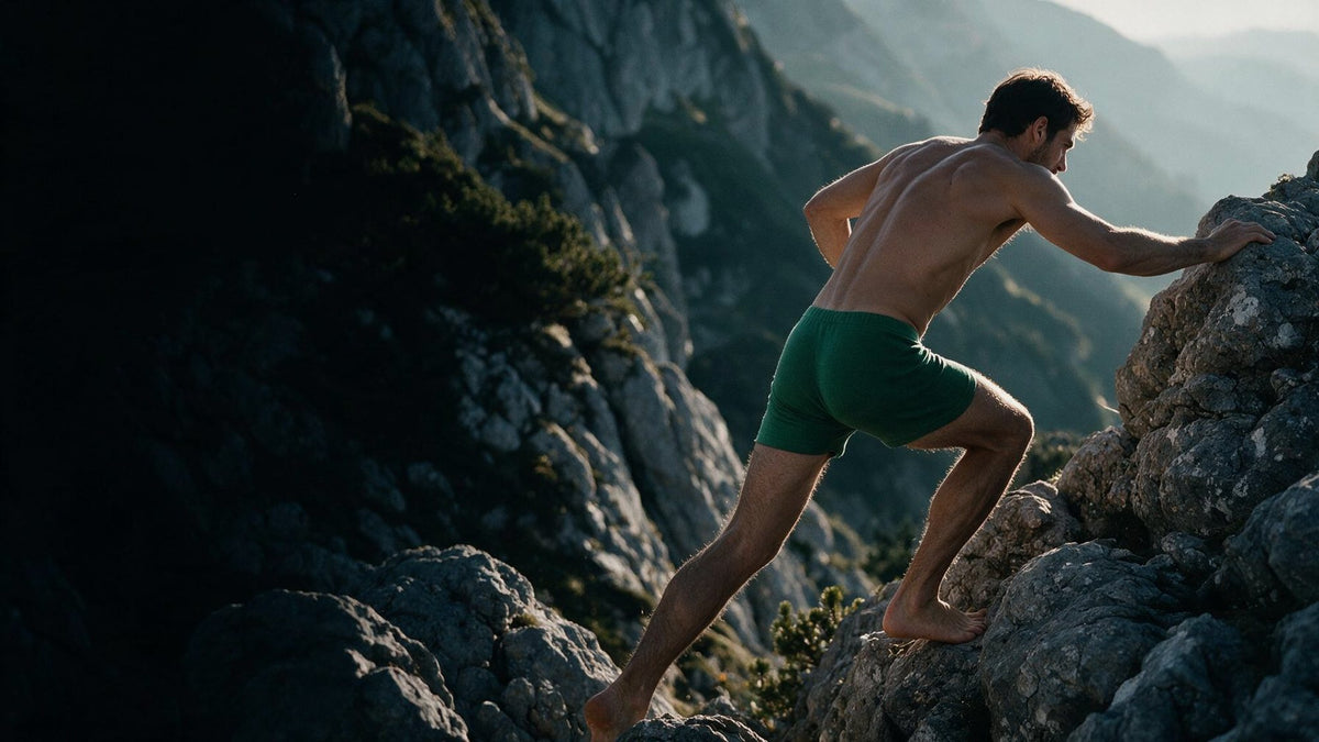 Mann in NATURMAN Hanf-Boxershorts beim Aufstieg über Felsen im Alpstein